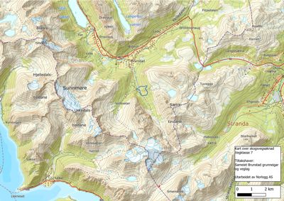 Kart over skogsvegsknad i Sunnmøre og Stranda med topografi, vegnett og grunneigarinformasjon.