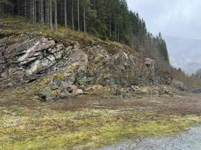 Fotografi av et terreng med stein, skog og en vei.
