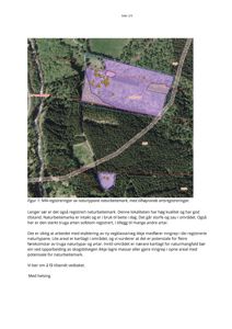 Et kart over et område med naturbeitemarka, markert med polygoner og punkter for artregistreringer, basert på satellittbilde.