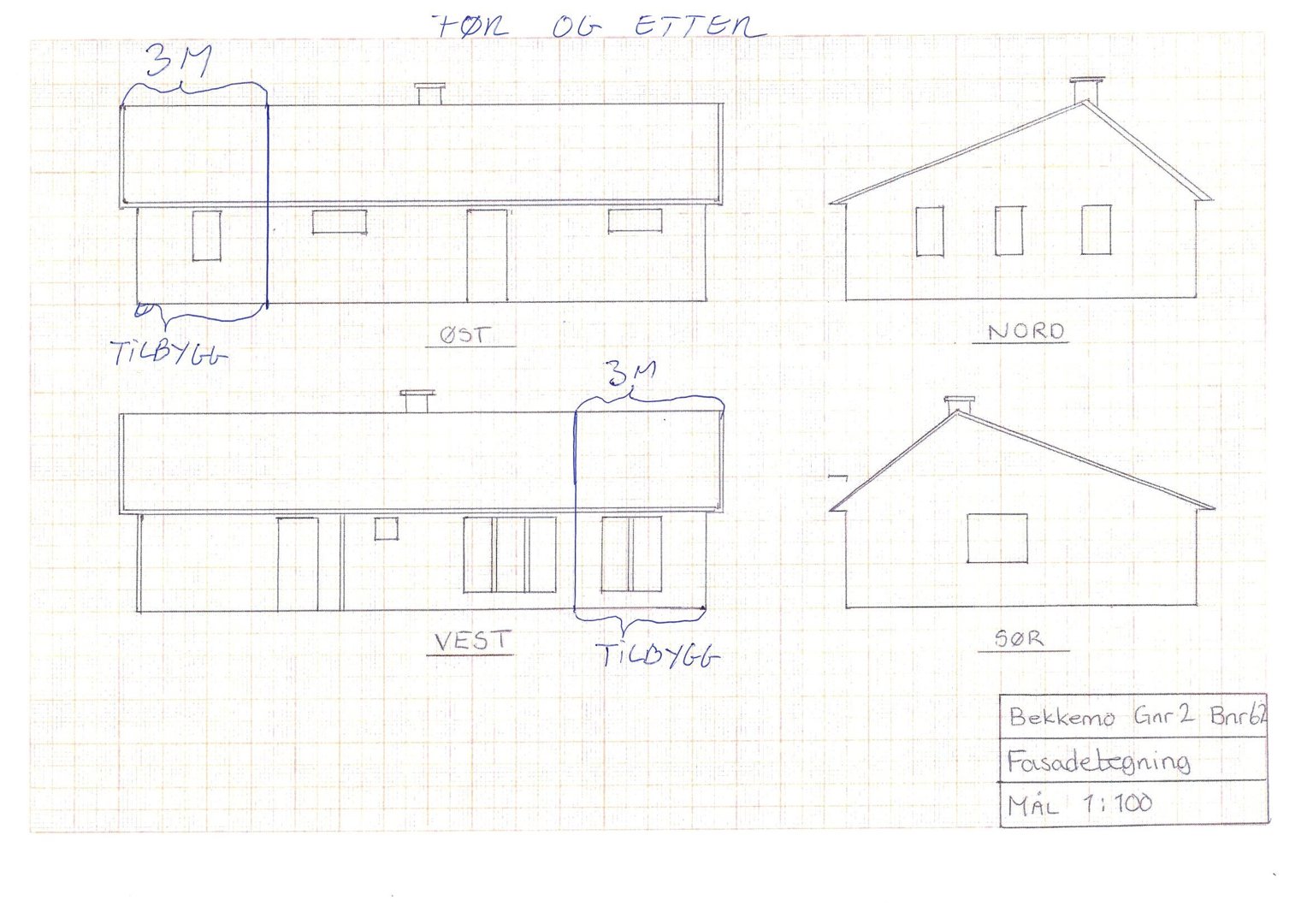 Håndtegnet fasadebølgning som viser bygningens utsyn fra fire sider (Øst, Vest, Nord, Sør) med merking av tilbygg og mål.