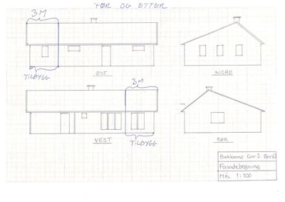 Håndtegnet fasadebølgning som viser bygningens utsyn fra fire sider (Øst, Vest, Nord, Sør) med merking av tilbygg og mål.