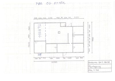 En håndtegnet plantegning som viser romfordeling og mål for en bolig (Bekkemo Gar2 Bnr 62) før og etter en endring.