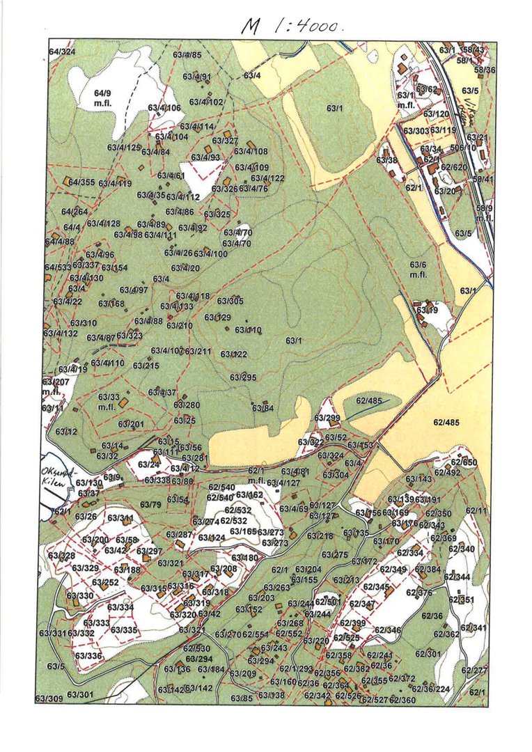 Situasjonsplan med detaljerte eiendomsnummer (f.eks. 63/1, 64/9), topografi (konturlinjer), veier og vannveier (Oksefjellågen).