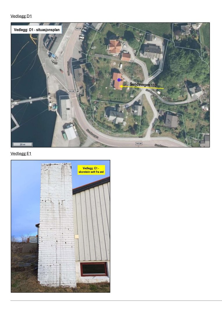 Bildet inneholder to deler: øverst en situasjonsplan (kart) og nederst et fotografi av en hvitmalt skorstein.