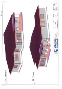 Bildet viser to 3D-oppsett av fasaden på en bygning, med detaljer om tak og vinduer.