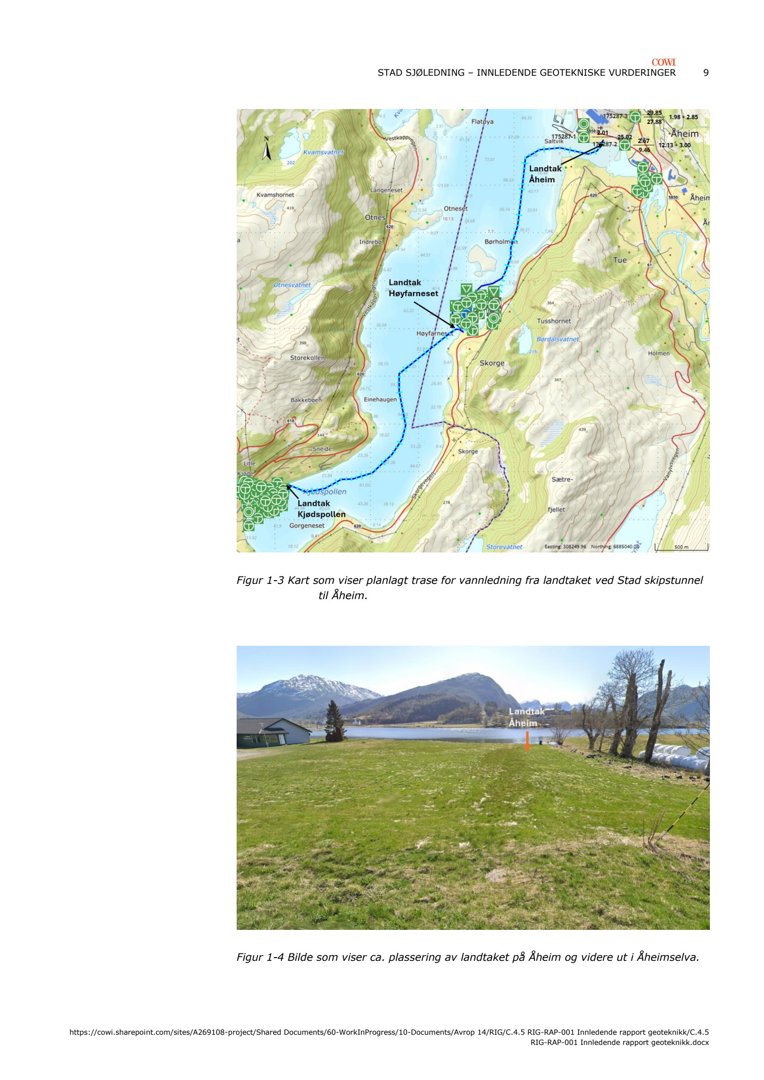 Fotografi som viser et utendørs landskap med en grønn enge, en elv (Åheimselva), fjell i bakgrunnen og en markert plassering for et landtaket ved Åheim.