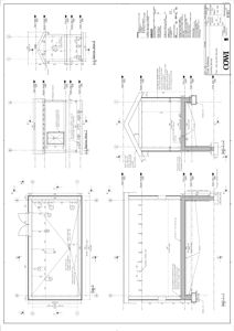Snittegning som viser tverrsnitt gjennom en bygning, inkludert konstruksjon, høyder og materialer.