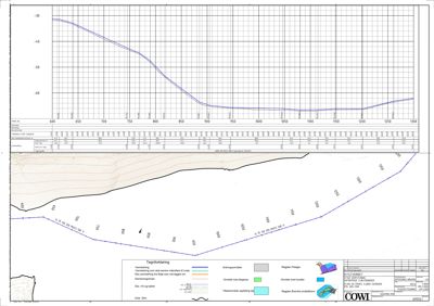Situasjonsplan som viser terrengform, høyder, vannføring og reguleringsområder for et byggeprosjekt.