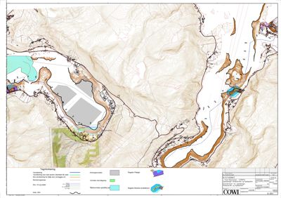 Situasjonsplan som viser topografi, vannveier, eksisterende og planlagt bebyggelse, samt reguleringsområder og terrengforhold.