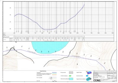 Situasjonsplan som viser terrengform, høyder (konturlinjer), vannføring, og regulerte områder for et byggeprosjekt.