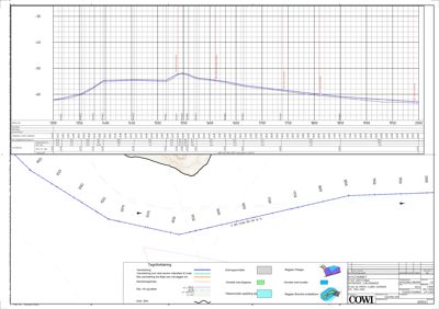 Kart over et område med høydemarkører (konturlinjer) og en blå linje som representerer en vei eller grense.