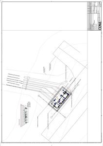 Situasjonsplan som viser bygningens plassering på tomt, tilknyttede ledninger (f.eks. vann, avløp, strøm) og omgivelsers topografi.