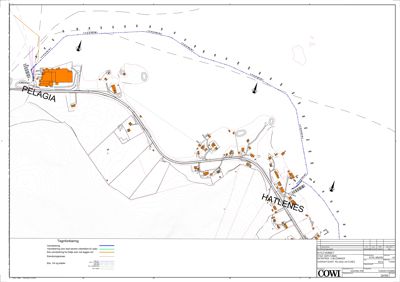 Situasjonsplan som viser tomtens beliggenhet i forhold til nabolag (Pelagia, Hatlenes), vei, vann og grenser.