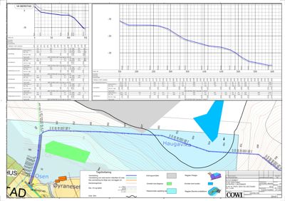 Situasjonsplan som viser tomtens beliggenhet i Haugavika, høydemålerlinjer, vannføring, og arealbruk.