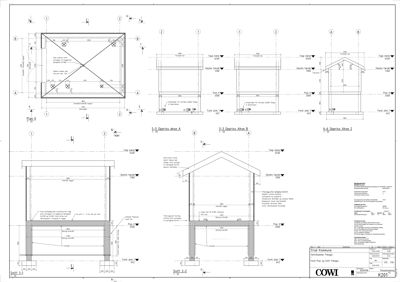Snittegning som viser tverrsnitt gjennom bygningen, inkludert fundament, vegger, takkonstruksjon og innvendige høyder.