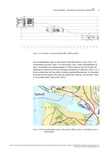 Kart over Saltvik med markerte punkter for grunnundersøkelser (grønn prikk) og en blå linje som viser en profil eller trasé.