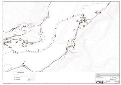 Situasjonsplan som viser topografi, vegnett, bebyggelse og grenser i Skorge-området.