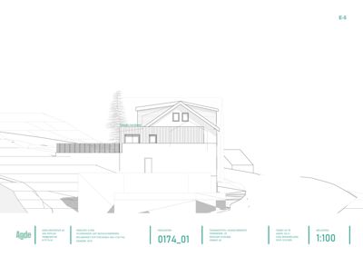 Fasadetegning (opprikk) av en bygning sett fra nordøst, med skisse over tak og fasadebehandling.