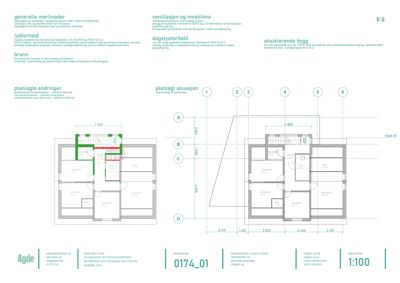 Etasjeplan (E-2) som viser romfordeling, mål og planlagte endringer (grønt og rødt) for en bygning.