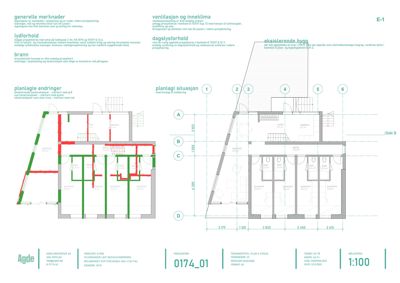 Etasjeplan som viser eksisterende og planlagte endringer i en bygning, med romnavn og mål.