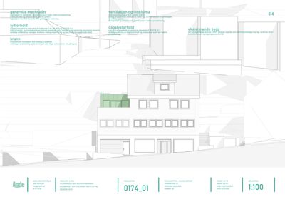 Fasadetegning som viser bygningens utseende fra fronten, inkludert vinduer, takform og fasadefarge. Tegningen er merket med 'E-6' og har en skala på 1:100.