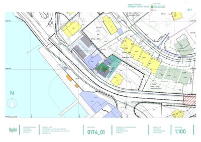 Situasjonsplan som viser tomtedeling, byggefelt (BYA), eksisterende og planlagt bebyggelse, samt infrastruktur som veier og jernbanespore.