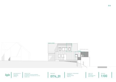 Fasadetegning (Nordøst) av en bygning med eksisterende og nytt tilbygg, inkludert detaljer om materialer og konstruksjon.