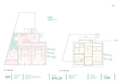 Etasjeplaner (3. og 4. etasje) med romfordeling, arealer og snittreferanse.