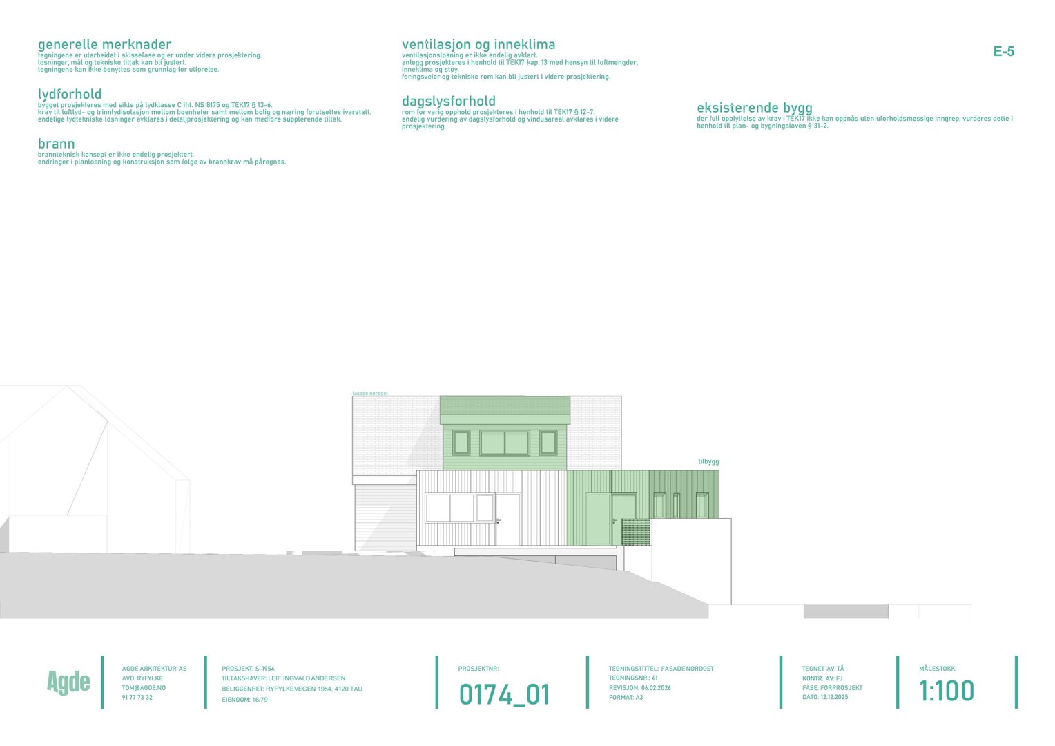 Fasadetegning som viser bygningens utside med fargeindikasjoner for ulike materialer og detaljer om ventilasjon og dagslys.