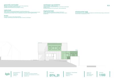 Fasadetegning som viser bygningens utside med fargeindikasjoner for ulike materialer og detaljer om ventilasjon og dagslys.
