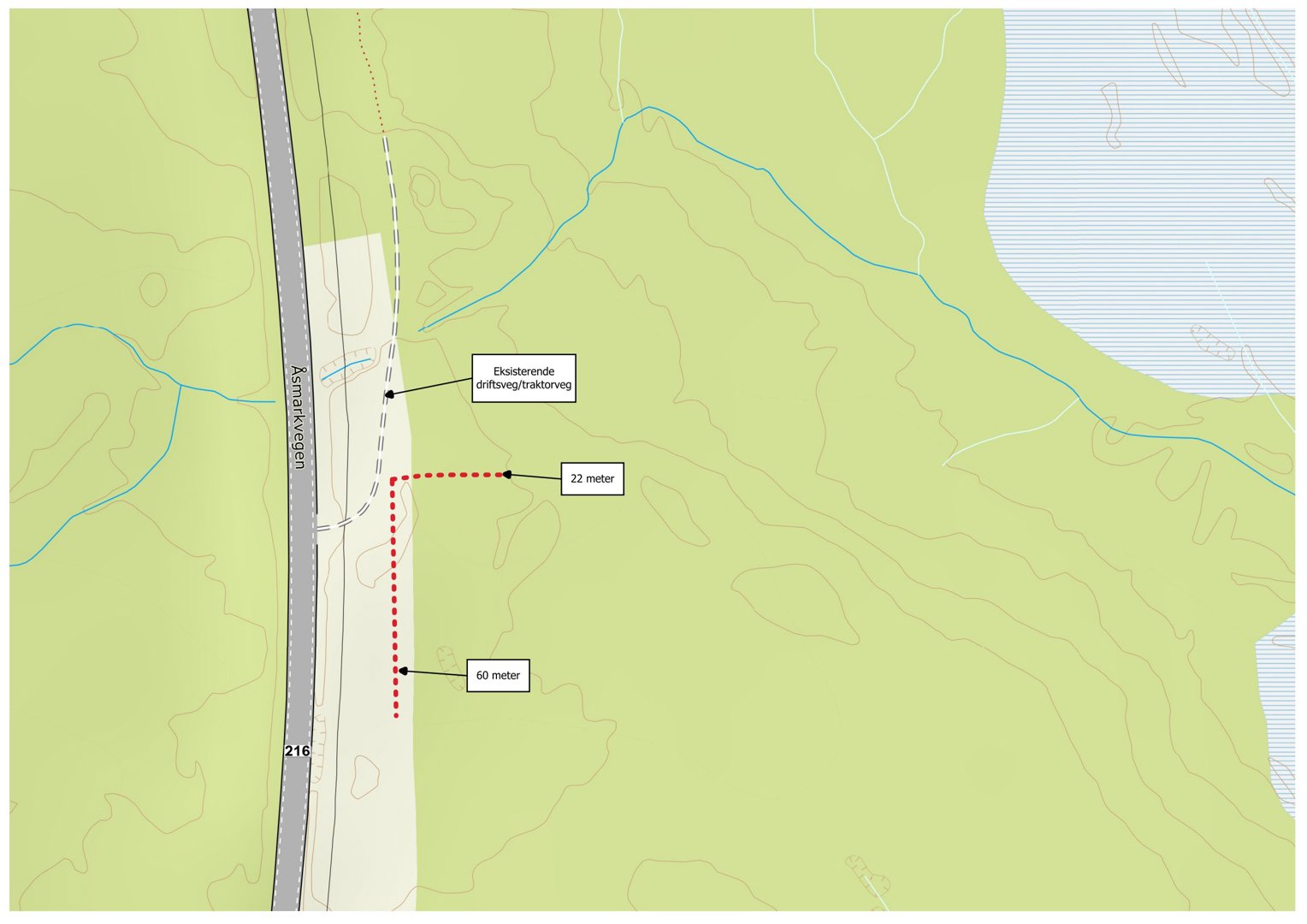 Situasjonsplan som viser en eksisterende driftsvei/traktorvei langs en vei (Asmeløkken), med angitte avstander (22 meter og 62 meter) og terrengkonturer.
