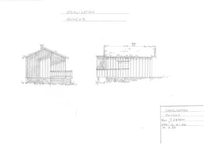 Penseltegning av en bygning sett fra utsiden, som viser fasade og takform.