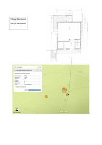 Bildet viser en situasjonsplan (kart) med eiendomsinformasjon for 'Storlisetra', samt en tegning som viser en kartutsnitt av bygningens plassering i forhold til terrenget.