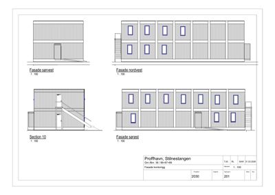 Fasadetegning som viser bygningens utseende fra fire ulike vinkler (sørvest, nordvest, sørøst) samt et snitt (Section 10).
