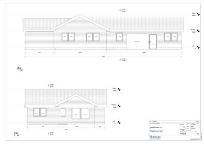 Fasadetegning som viser bygningens utseende fra øst og sør, med mål og høyder.