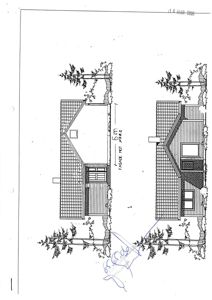 Tegning som viser fasadeopprikk (fra nord) av en toetasjes bolig med takform, vinduer og trappetrinn.