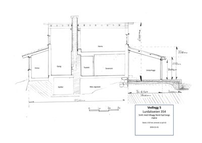 Snittegning av en bygning som viser romfordeling (Entre, Gang, Toalett, Soverom, Hems, Kjeller, Vinterhage) og høyder.