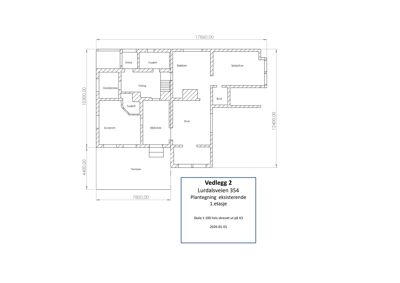 Etasjeplan for 1. etasje av en eksisterende bygning, som viser romfordeling og mål.