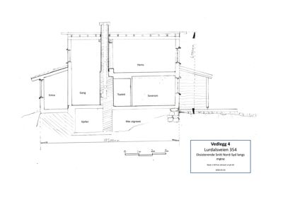 Snittegning av en eksisterende bygning som viser romfordeling og konstruksjon.