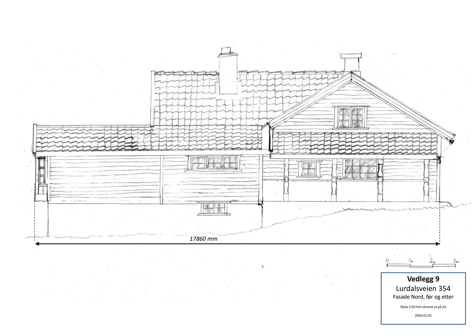 Fasadetegning av en bygning sett fra nord, med mål og beskrivelse i bunnen.