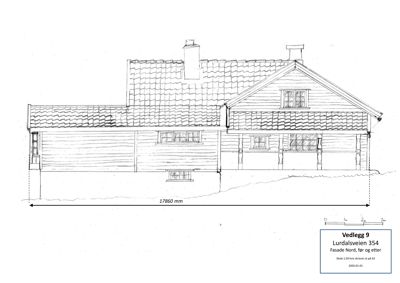 Fasadetegning av en bygning sett fra nord, med mål og beskrivelse i bunnen.