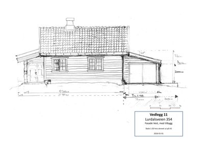 En håndtegnet fasadetegning av en trehytte med garasje, inkludert mål og skale.
