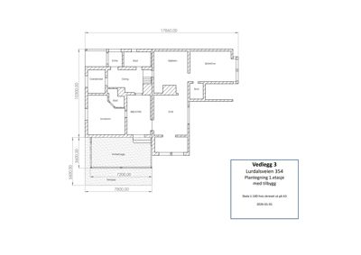 Plantegning av 1. etasje med romfordeling og mål.