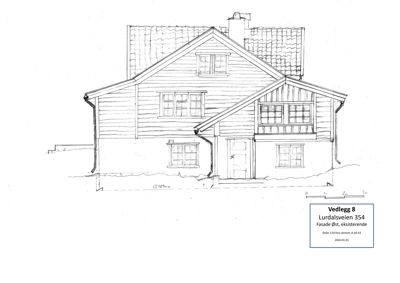 En tegning som viser fasaden på en eksisterende bygning sett fra øst.