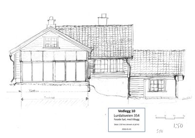 Håndtegnet fasadetegning av en bolig sett fra sør, med mål og skrift.
