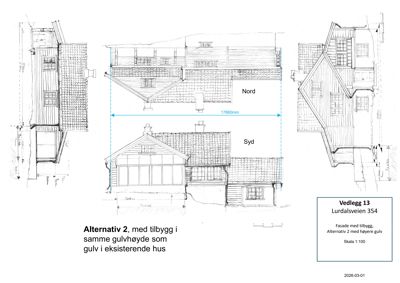 Fasadetegning som viser etasjeplan og utvendig utforming av en bygning med nord/syd-orientering.