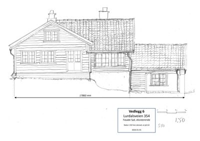 Fasadetegning av en eksisterende bygning sett fra sør, med mål og skala.