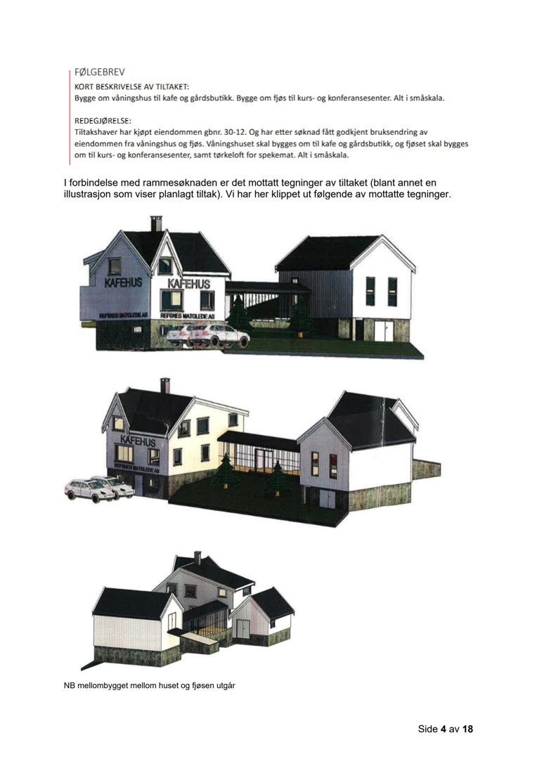 Tre 3D-visualiseringer (renderinger) av en planlagt bygning (våningshus og fjøs) med tekstbeskrivelser over og under.