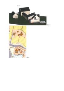 Et bilde som viser en 3D-visualisering av en kafébygning (Bilde 4) og en situasjonsplan for tomten (Bilde 5).