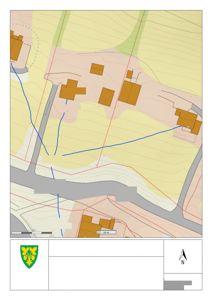 Situasjonsplan som viser tomtens beliggenhet, nabolag, veier, eksisterende og planlagt bebyggelse samt infrastruktur som septiktank og avløp.